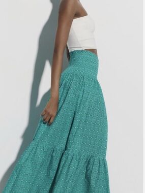 Zara Alice Teal Patterned Smocked-Waist Maxi Skirt